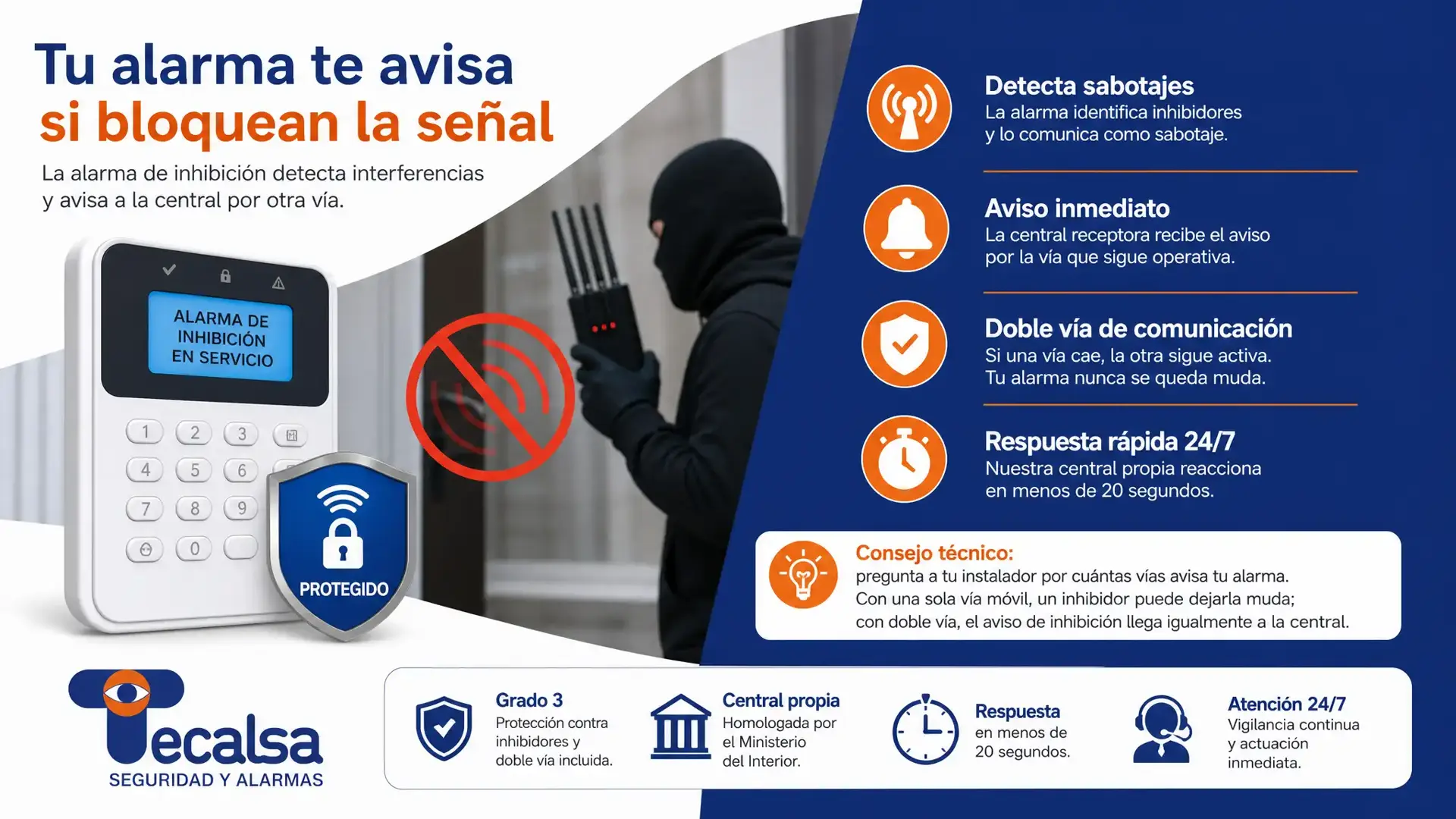 El aviso de alarma de inhibición indica que alguien bloquea la señal de tu alarma. Qué significa, qué hace la central y qué debes hacer al verlo.