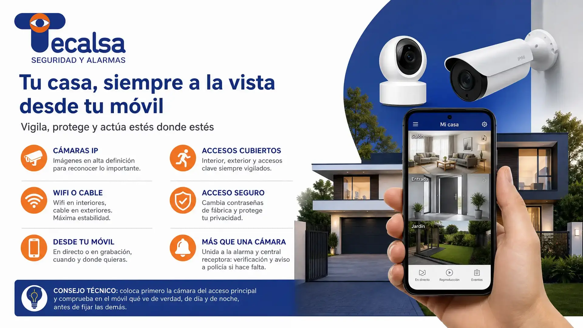 Para ver tu casa desde el móvil necesitas cámaras IP, grabación y una app. Qué cámara poner dentro y fuera, wifi o cable, y qué añade unirla a la alarma.