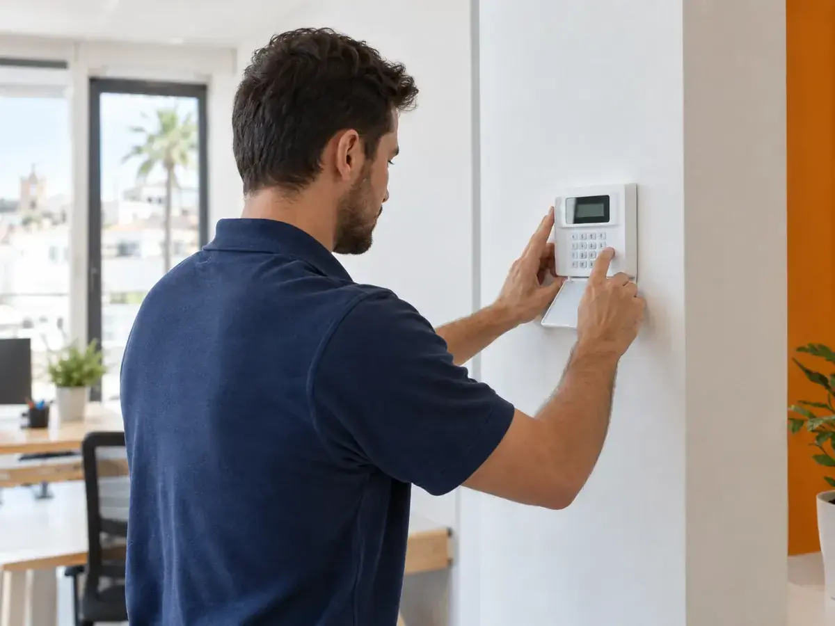 Técnico de Tecalsa instalando un teclado de alarma